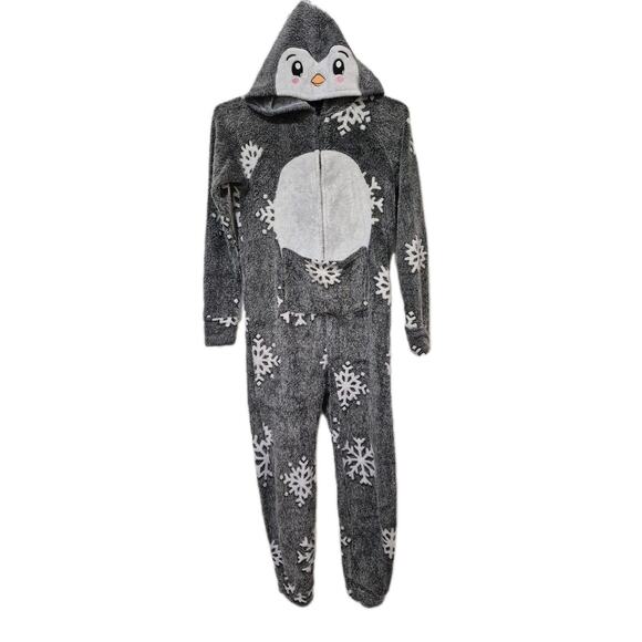 Justice Gray White Snowflake Penguin Hooded Fleece Jammies Girls Size 8 - Picture 1 of 6